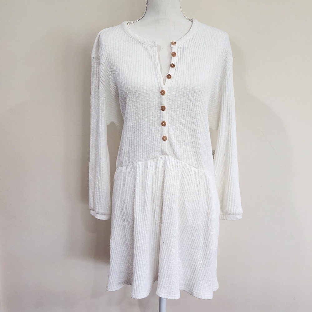Free People FP Beach Blossom Ribbed Henley Waffle Knit Dress | White…